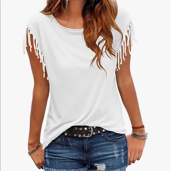 Tops - Women's White Fringe Sleeve Short Sleeve Tee ((SKU 5041)